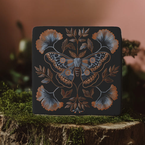 Square black ceramic coaster with detailed copper and blue moth illustration centered among symmetrical botanical elements including ginkgo-like leaves and delicate foliage.